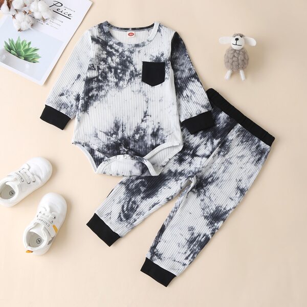 

Baby Boy Tie Dye Rib-knit Bodysuit With Pants, Black and white