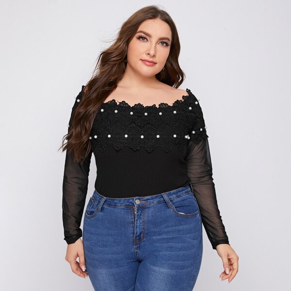 

Plus Off Shoulder Pearls Beaded Lace Front Top, Black