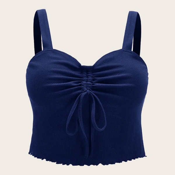 

Plus Drawstring Knot Front Lettuce Trim Cami Top, Blue