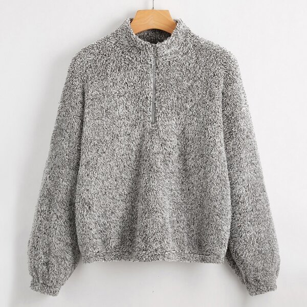 

Zip Half Placket Teddy Pullover, Grey