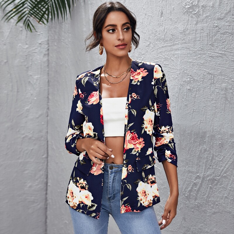 

Open Front Gathered Sleeve Floral Blazer, Navy blue