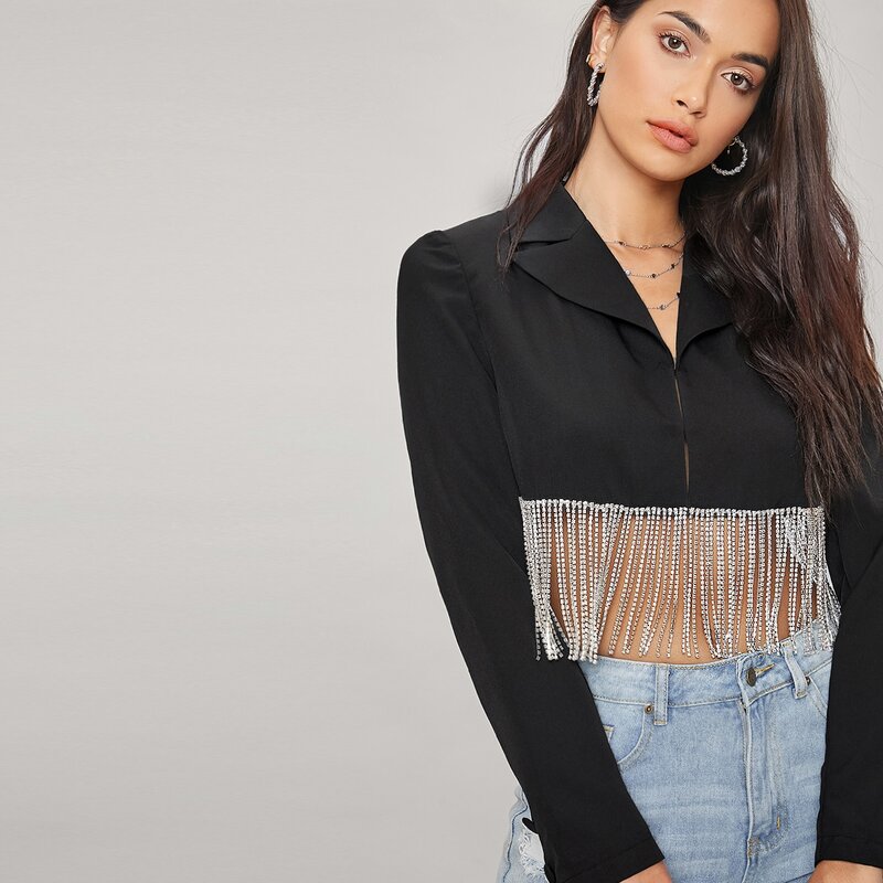 

Notched Collar Rhinestone Fringe Hem Blazer, Black