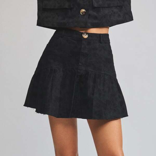 

Buttoned Front Ruffle Hem Skirt, Black