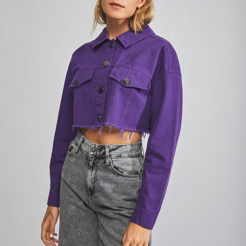 

Collared Buttoned Front Raw Hem Jacket, Purple