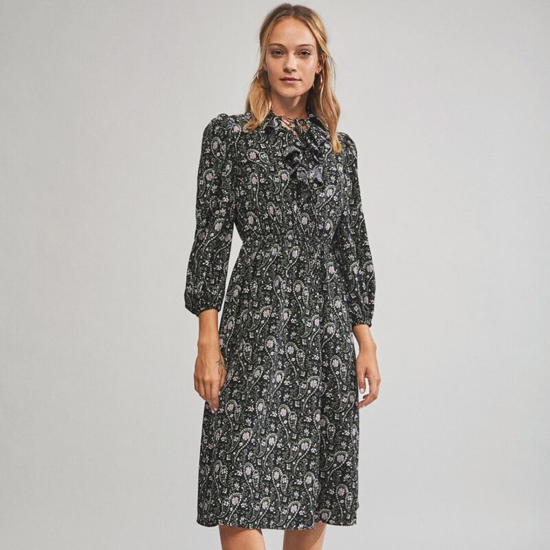 

Tie Neck Ruffle Trim Floral and Paisley Print Dress, Multicolor