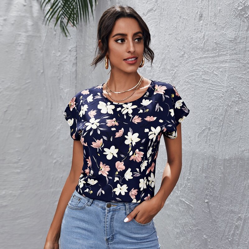 

Batwing Sleeve Floral Print Top, Navy blue