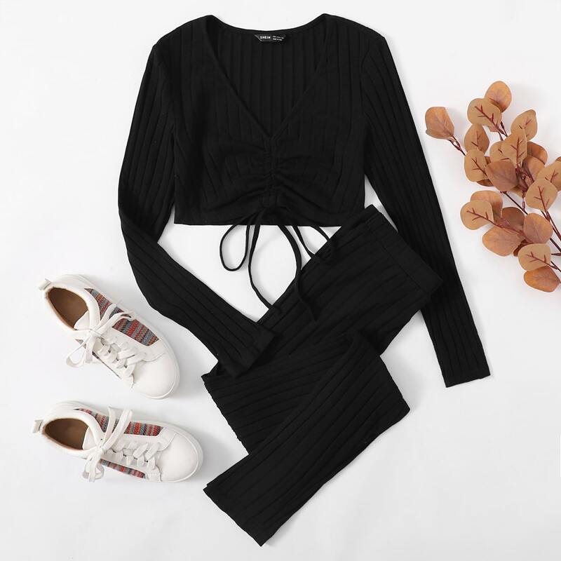 

Drawstring Knot Front Rib-knit Top & Leggings Set, Black