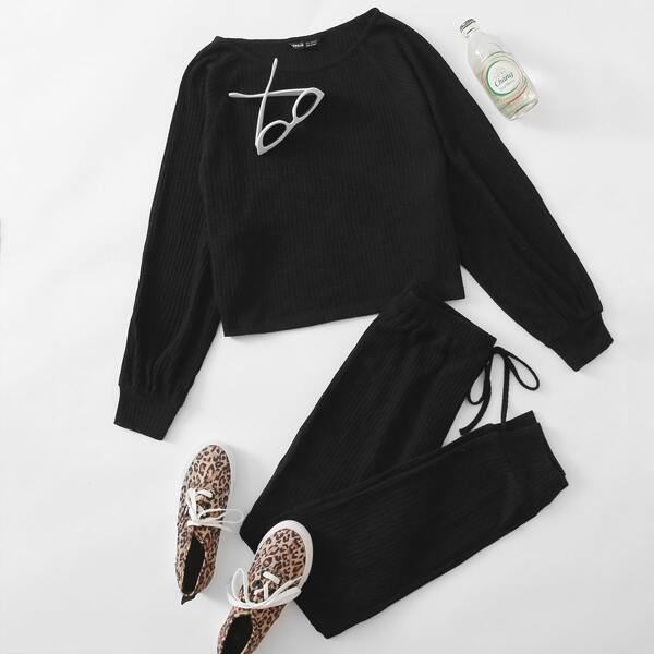

Raglan Sleeve Waffle Knit Top & Pants Set, Black
