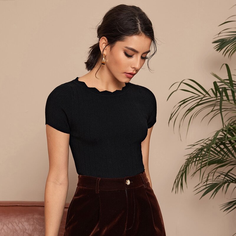 

Scallop Neck Rib-knit Top, Black