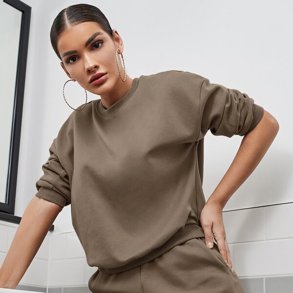 

Drop Shoulder Solid Pullover, Mocha brown