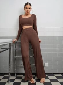 SHEIN Ribbed Crop Top & High Waisted Wide-Leg Trousers Set - Chocolate Brown - View 3
