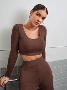 SHEIN Ribbed Crop Top & High Waisted Wide-Leg Trousers Set - Chocolate Brown - View 5