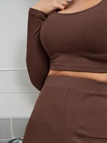 SHEIN Ribbed Crop Top & High Waisted Wide-Leg Trousers Set - Chocolate Brown - View 6