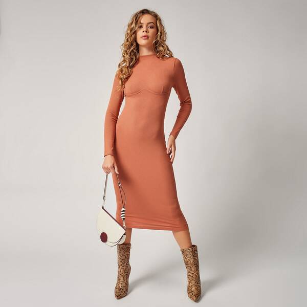 

Mock Neck Rib-knit Dress, Brown