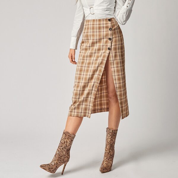 

Button Front Split Hem Tartan Midi Skirt, Multicolor