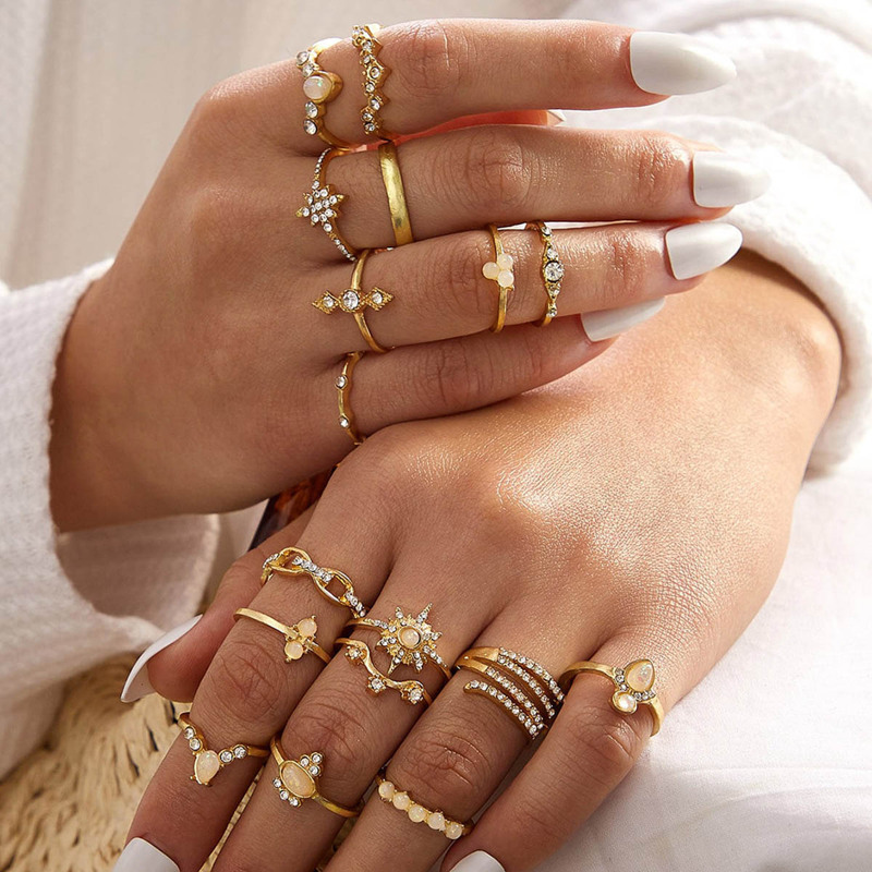 

17pcs Rhinestone Decor Ring, Gold