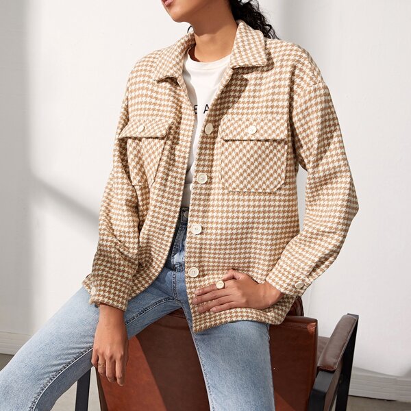 

Single Breasted Flap Pocket Houndstooth Coat, Multicolor
