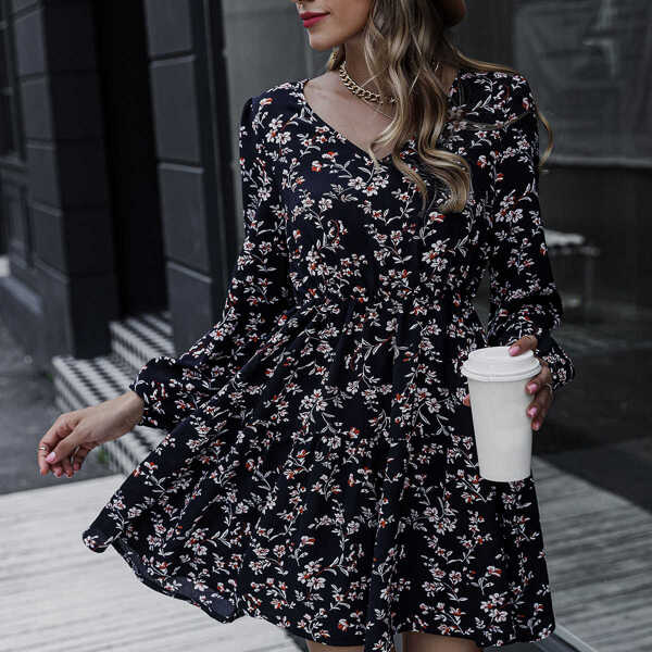 

Lantern Sleeve Ruffle Hem Ditsy Floral Dress, Navy blue
