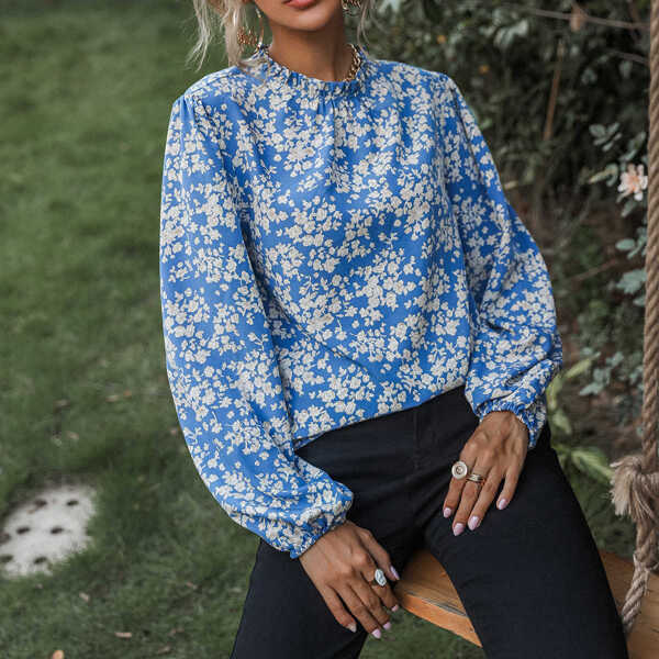 

Ditsy Floral Print Keyhole Back Top, Blue