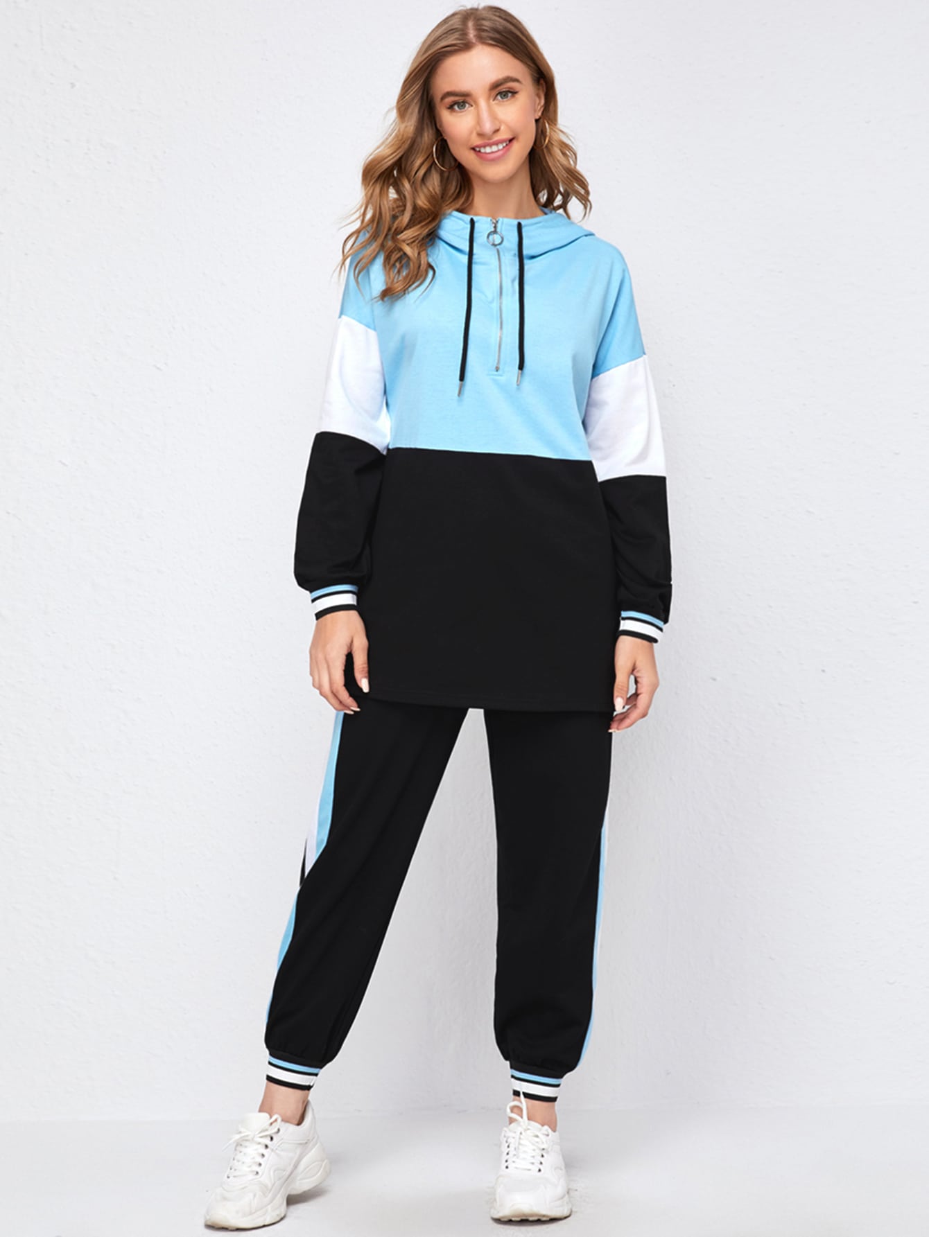 Zip Half Placket Striped Trim Colorblock Hoodie & Sweatpants Set thumbnail