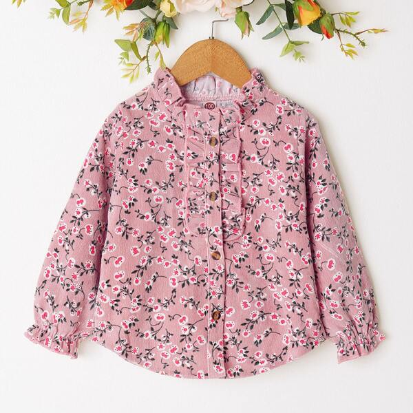 

Toddler Girls Floral Print Ruffle Trim Button Front Blouse, Dusty pink