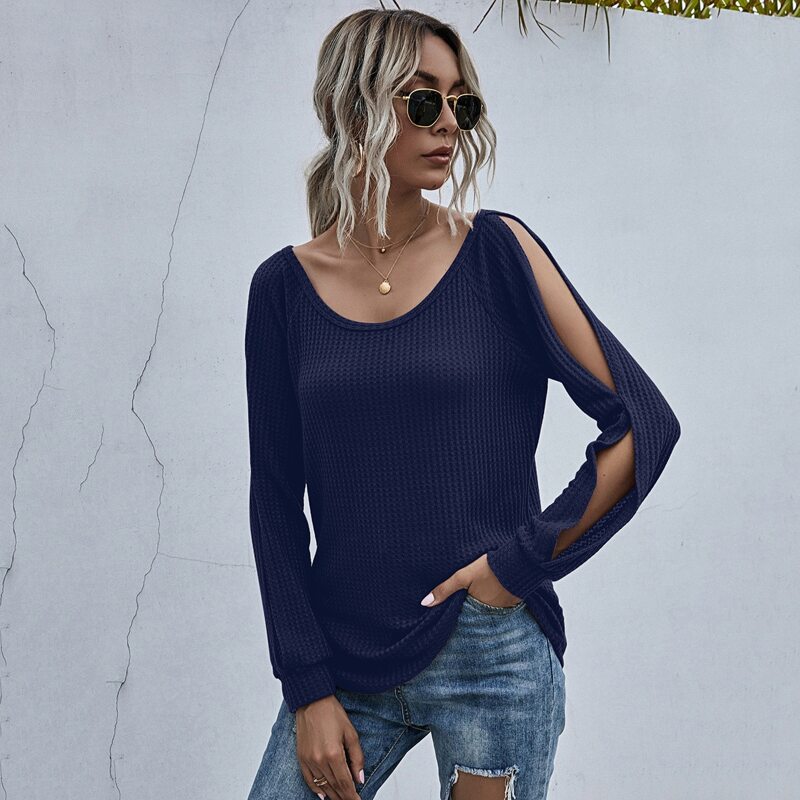 

Split Sleeve Waffle Knit Tee, Navy blue