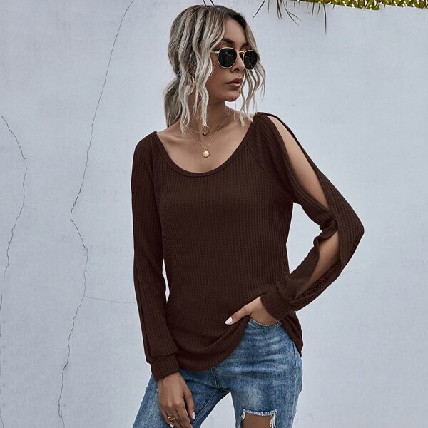 

Split Sleeve Waffle Knit Tee, Chocolate brown
