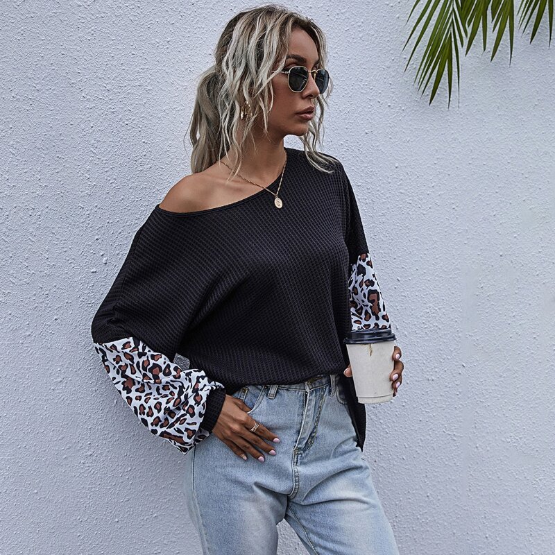 

Leopard Panel Waffle Knit Drop Shoulder Tee, Black