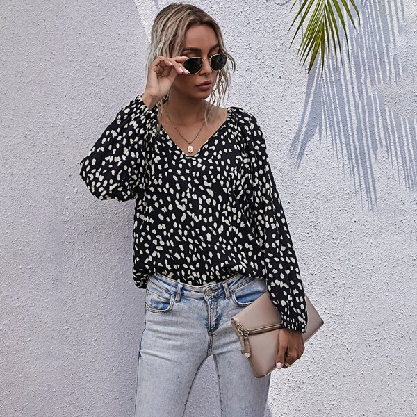 

V-neck Bishop Sleeve Allover Print Blouse, Black