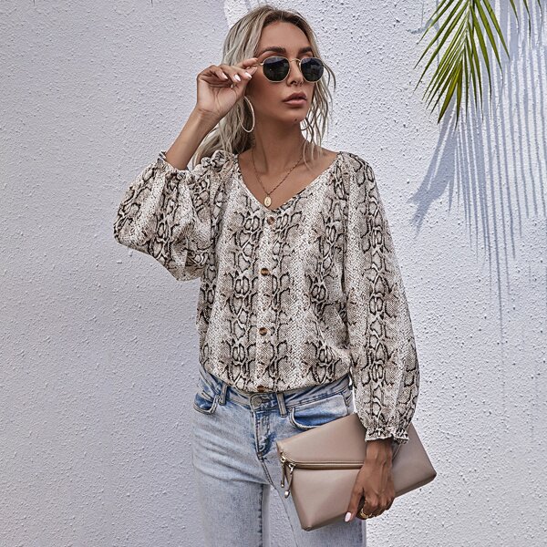

Button Front V-neck Snakeskin Blouse, Multicolor