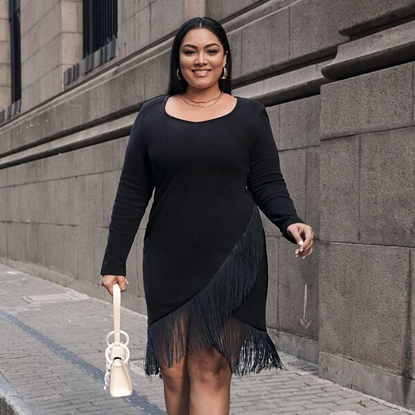 

Plus Fringe Hem Fitted Dress, Black