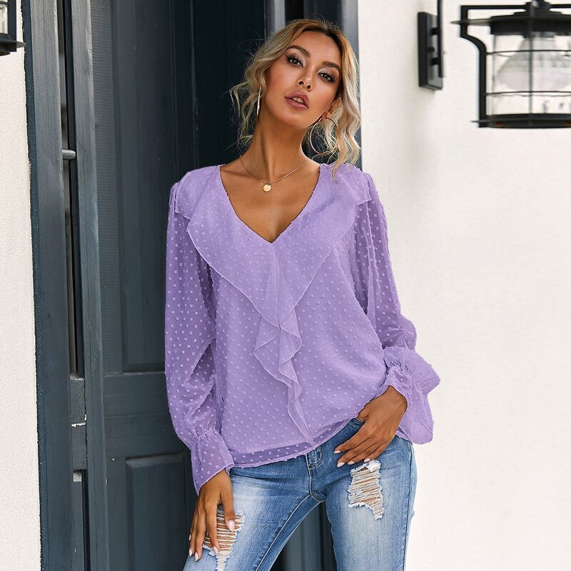 

Ruffle Swiss Dot V-neck Blouse, Lilac purple