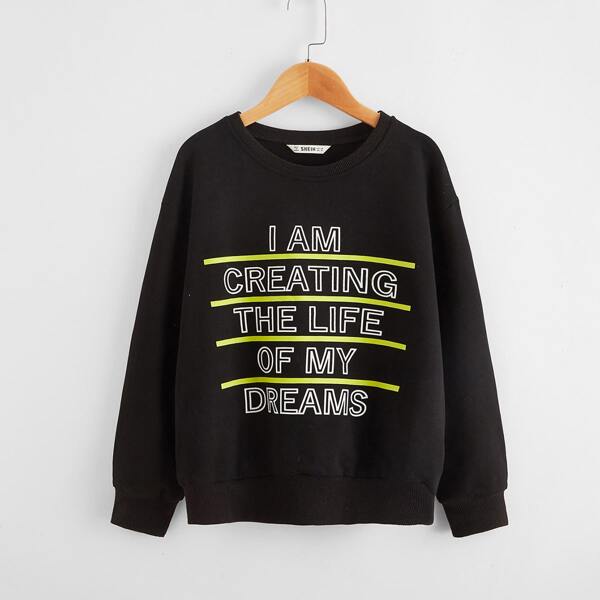 

Boys Drop Shoulder Slogan Graphic Pullover, Black