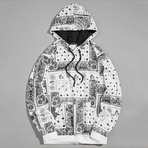 

Men Drawstring Detail Paisley Print Hoodie, Black and white