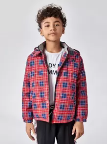 SHEIN 男孩拉鏈格紋連帽外套