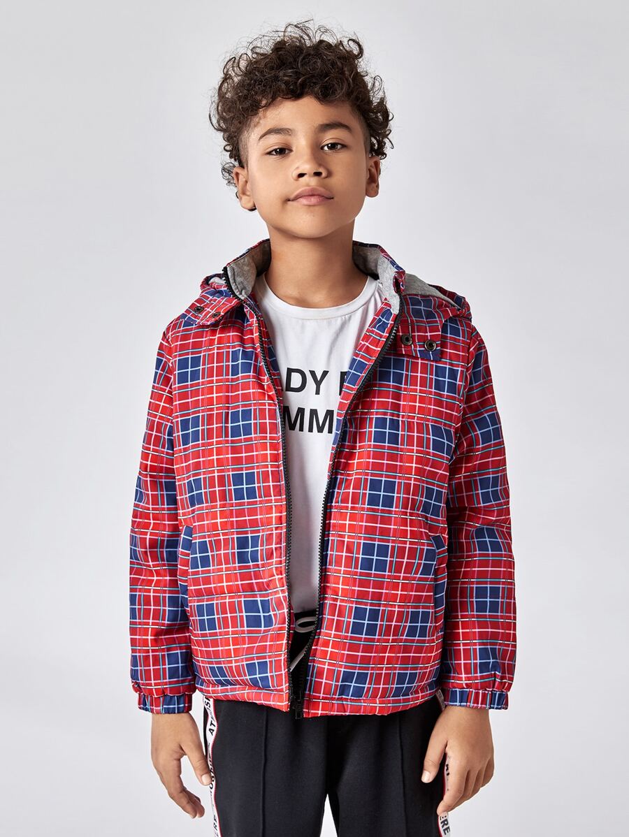SHEIN 男孩拉鏈格紋連帽外套