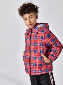 SHEIN 男孩拉鏈格紋連帽外套