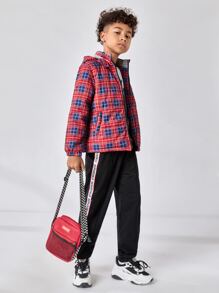 SHEIN 男孩拉鏈格紋連帽外套