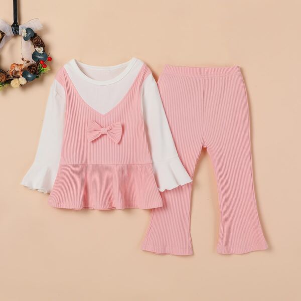 

Baby Girl 2 In 1 Bow Front Peplum Tee With Flare Pants, Baby pink