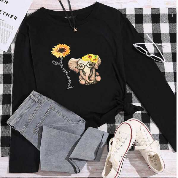 

Plus Sunflower And Elephant Print Tee, Black