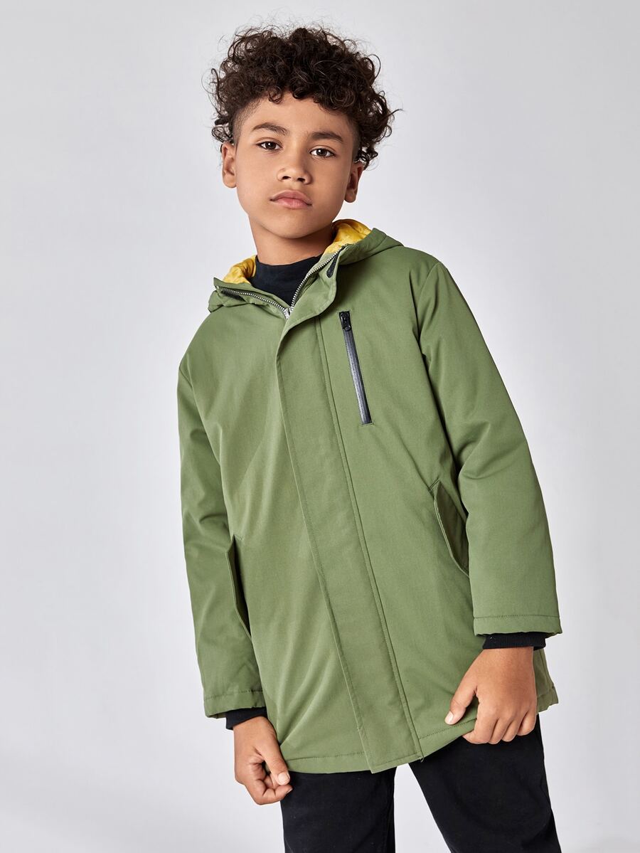 SHEIN Boys Zip Up Colourblock Hooded Coat - Army Green - View 1