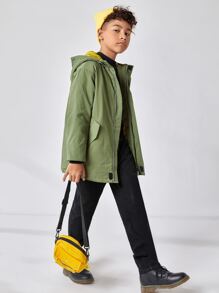 SHEIN Boys Zip Up Colourblock Hooded Coat - Army Green - View 4
