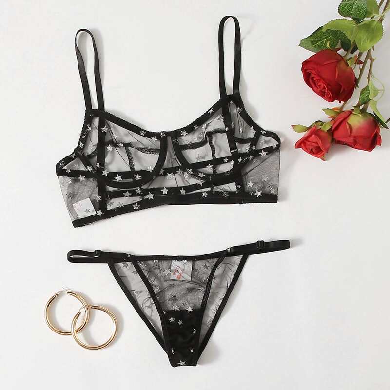 

Star Print Mesh Underwire Lingerie Set, Black