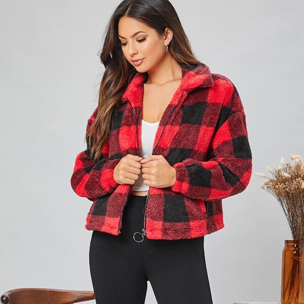 

O-ring Zipper Front Buffalo Plaid Teddy Jacket, Multicolor