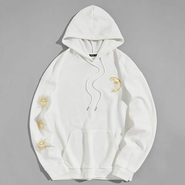

Men Pouch Pocket Sun & Moon Print Hoodie, White