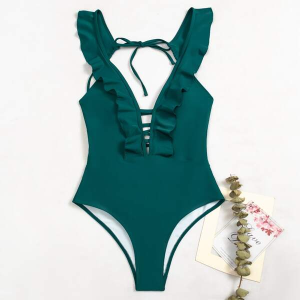 

Ruffle Trim Plunging One Piece Swimsuit, Green