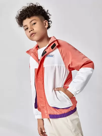 SHEIN Tween Boy 贴片细节彩色块风衣夹棉外套