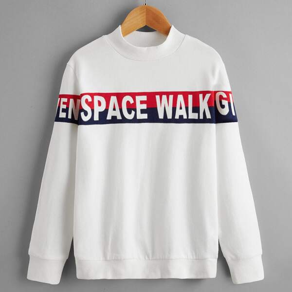 

Boys Mock Neck Slogan Graphic Pullover, White
