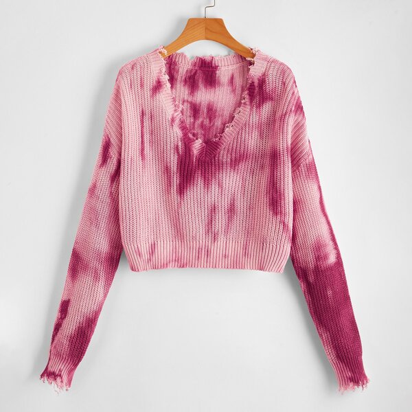 

Drop Shoulder Tie Dye Distressed Sweater, Multicolor
