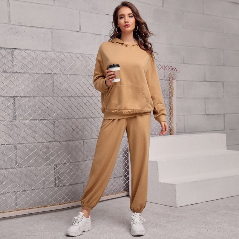 

Pouch Pocket Solid Hoodie & Joggers Set, Camel